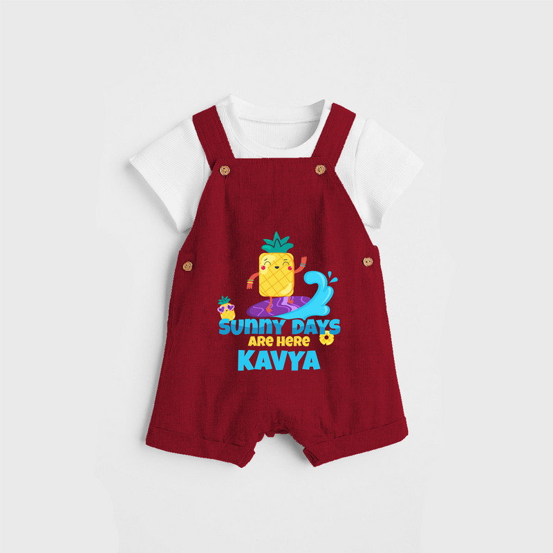 Feel the rhythm of summer in our "Sunny Days Are Here" Customized Kids Dungaree set - RED - 0 - 3 Months Old (Chest 17")