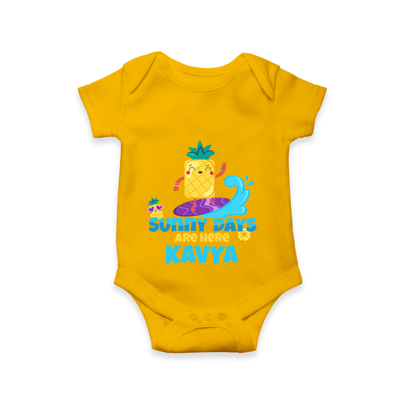 "Feel the rhythm of summer in our "Sunny Days Are Here" Customized Kids Romper" - CHROME YELLOW - 0 - 3 Months Old (Chest 16")