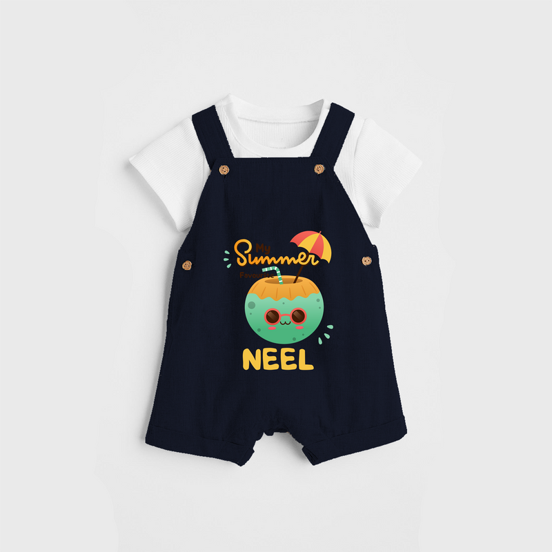 Escape to paradise with our "My Summer Favourite" Customized Kids Dungaree set - NAVY BLUE - 0 - 3 Months Old (Chest 17")