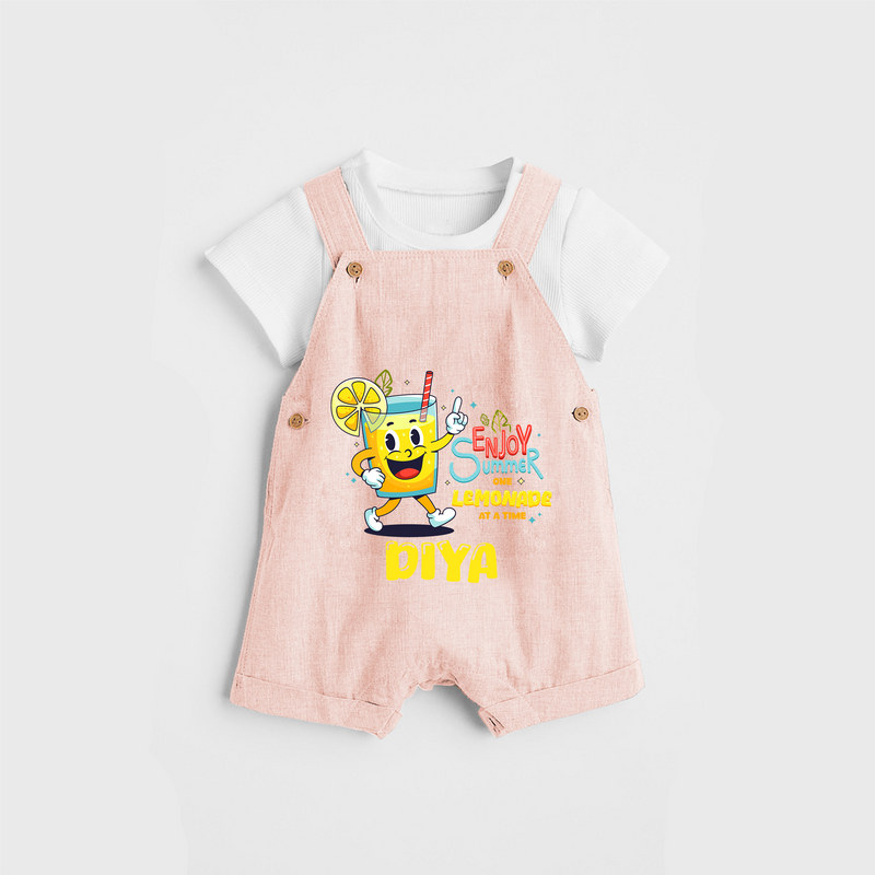 Splash into fun with our "Enjoy Summer One Lemonade at a Time" Customized Kids Dungaree set - PEACH - 0 - 3 Months Old (Chest 17")