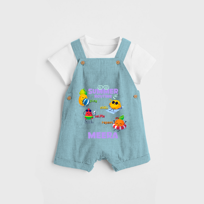 Chase rainbows in our "Summer Routine Play, Chill, Selfie, Repeat" Customized Kids Dungaree set - ARCTIC BLUE - 0 - 3 Months Old (Chest 17")