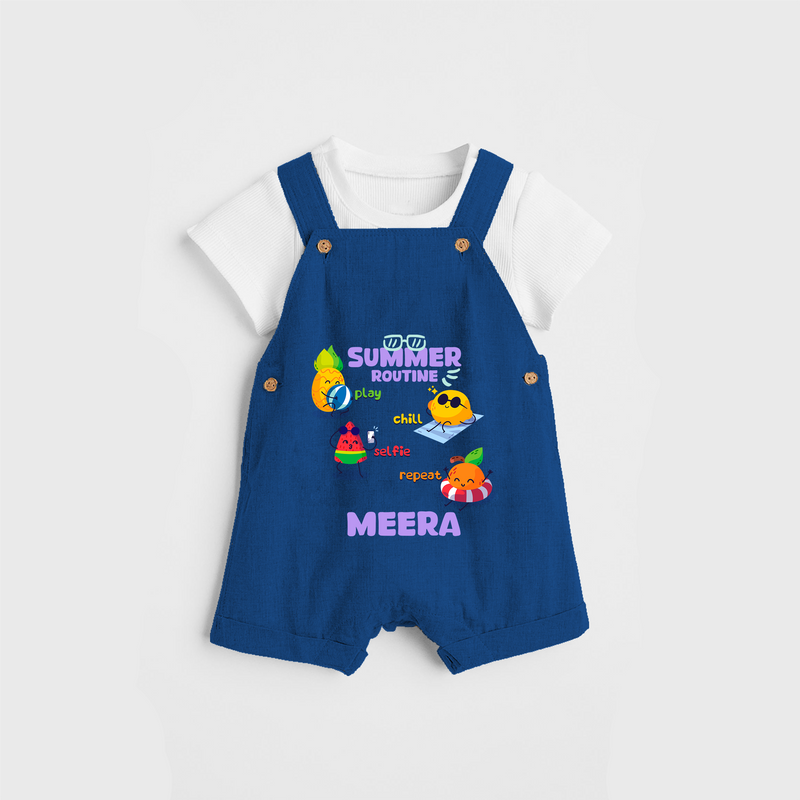 Chase rainbows in our "Summer Routine Play, Chill, Selfie, Repeat" Customized Kids Dungaree set - COBALT BLUE - 0 - 3 Months Old (Chest 17")