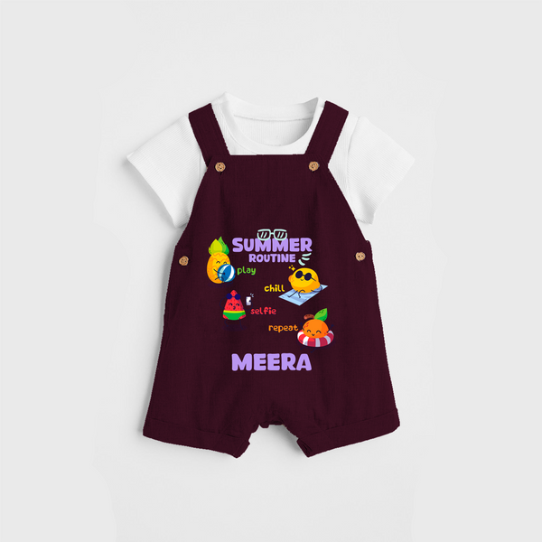 Chase rainbows in our "Summer Routine Play, Chill, Selfie, Repeat" Customized Kids Dungaree set - MAROON - 0 - 3 Months Old (Chest 17")