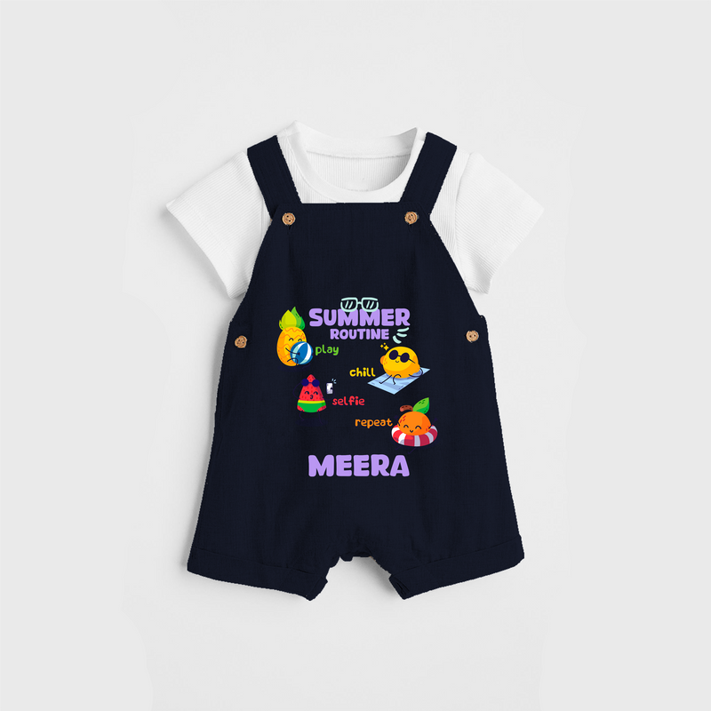 Chase rainbows in our "Summer Routine Play, Chill, Selfie, Repeat" Customized Kids Dungaree set - NAVY BLUE - 0 - 3 Months Old (Chest 17")