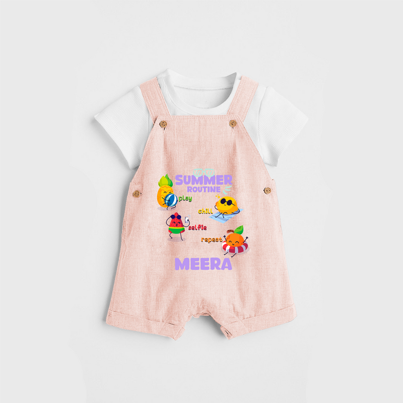 Chase rainbows in our "Summer Routine Play, Chill, Selfie, Repeat" Customized Kids Dungaree set - PEACH - 0 - 3 Months Old (Chest 17")