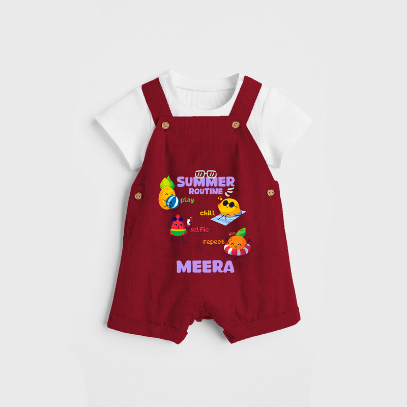 Chase rainbows in our "Summer Routine Play, Chill, Selfie, Repeat" Customized Kids Dungaree set - RED - 0 - 3 Months Old (Chest 17")