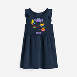 Chase rainbows in our "Summer Routine Play, Chill, Selfie, Repeat" Customized Frock - NAVY BLUE - 0 - 6 Months Old (Chest 18")