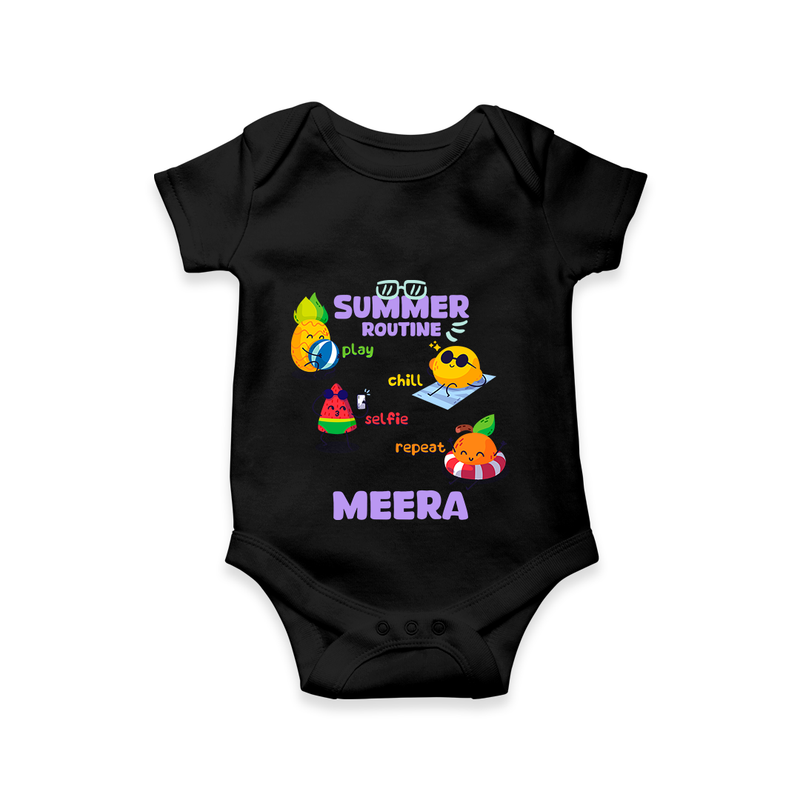 "Chase rainbows in our "Summer Routine Play, Chill, Selfie, Repeat" Customized Kids Romper" - BLACK - 0 - 3 Months Old (Chest 16")