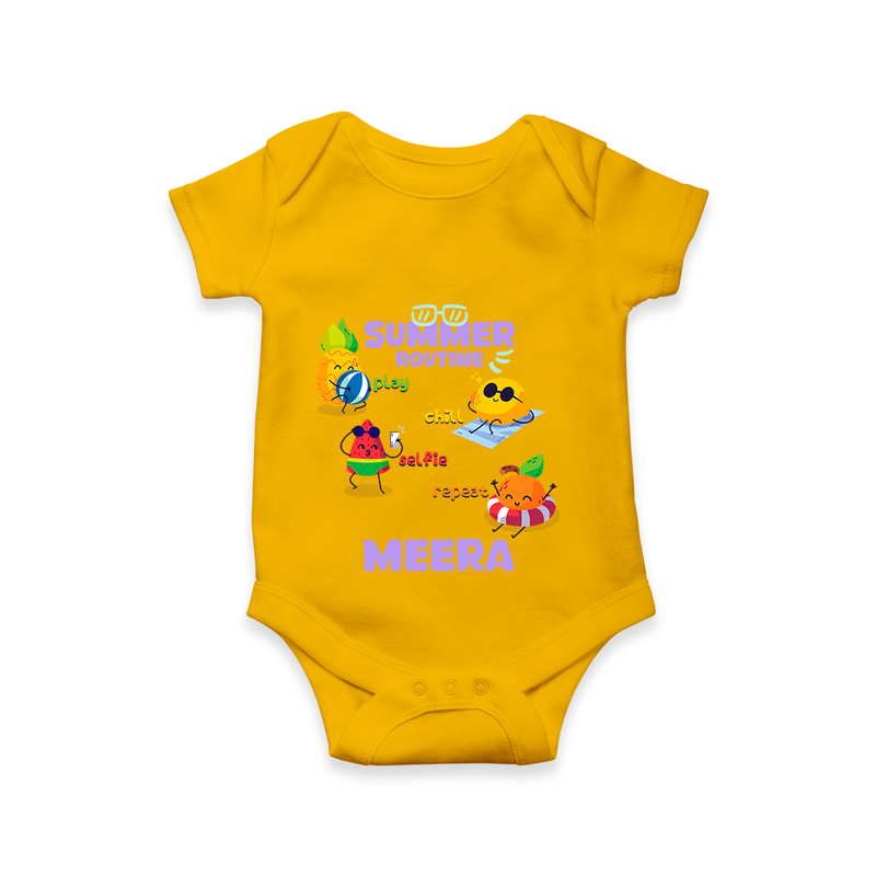 "Chase rainbows in our "Summer Routine Play, Chill, Selfie, Repeat" Customized Kids Romper" - CHROME YELLOW - 0 - 3 Months Old (Chest 16")