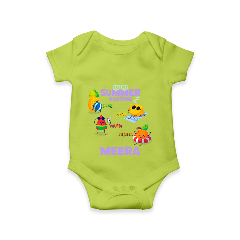 "Chase rainbows in our "Summer Routine Play, Chill, Selfie, Repeat" Customized Kids Romper" - LIME GREEN - 0 - 3 Months Old (Chest 16")