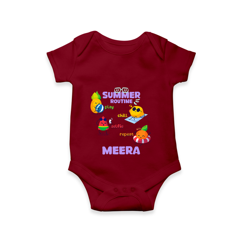 "Chase rainbows in our "Summer Routine Play, Chill, Selfie, Repeat" Customized Kids Romper" - MAROON - 0 - 3 Months Old (Chest 16")