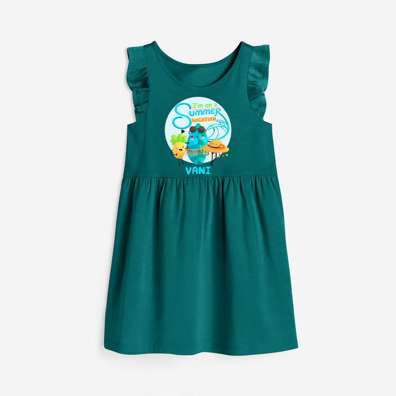 Dance under the stars with our "I'm on a Summer Vacation" Customized Frock - MYRTLE GREEN - 0 - 6 Months Old (Chest 18")