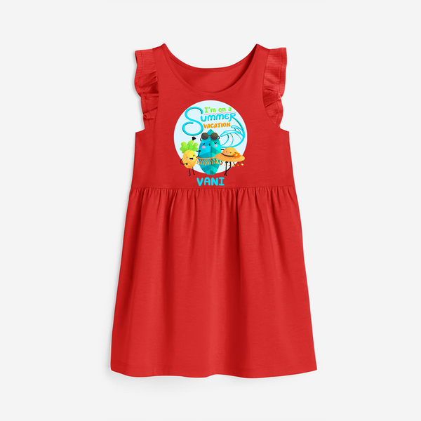 Dance under the stars with our "I'm on a Summer Vacation" Customized Frock - RED - 0 - 6 Months Old (Chest 18")