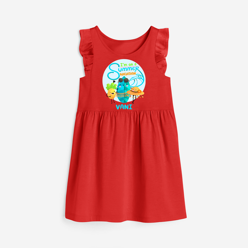 Dance under the stars with our "I'm on a Summer Vacation" Customized Frock - RED - 0 - 6 Months Old (Chest 18")