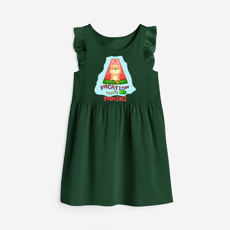 Float away on clouds of joy with our "Vacation Mode On" Customized Frock - BOTTLE GREEN - 0 - 6 Months Old (Chest 18")