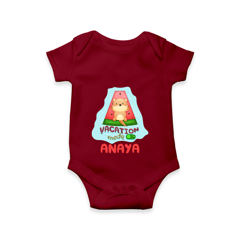 "Float away on clouds of joy with our "Vacation Mode On" Customized Kids Romper" - MAROON - 0 - 3 Months Old (Chest 16")