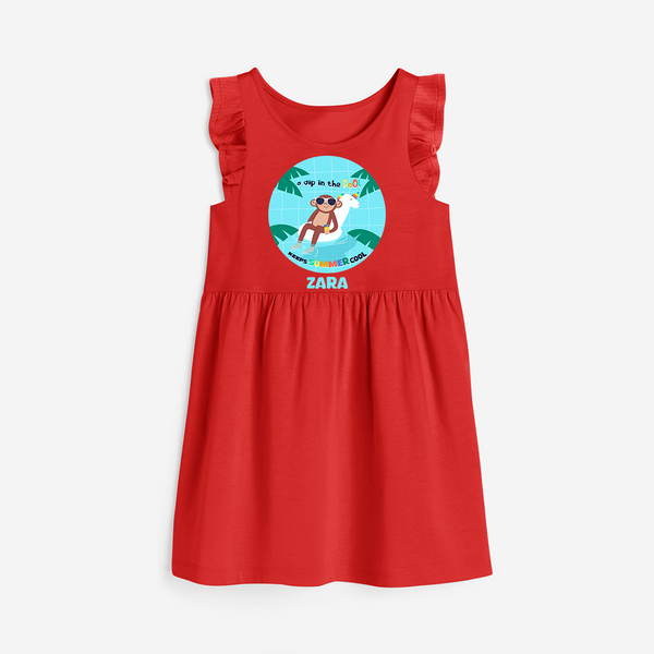 Explore nature's wonders in our "A Dip in the Pool & Keeps Summer Cool" Customized Frock - RED - 0 - 6 Months Old (Chest 18")
