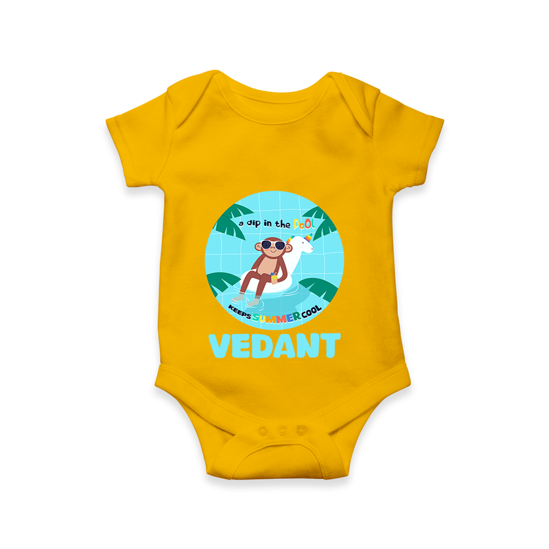 "Explore nature's wonders in our "A Dip in the Pool & Keeps Summer Cool" Customized Kids Romper" - CHROME YELLOW - 0 - 3 Months Old (Chest 16")