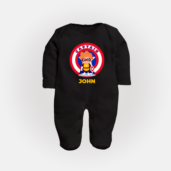 Little Captain America Sleep Suit / Full Sleeve Bodysuit | Personalized Sleep Suit / Full Sleeve Bodysuit for Baby Heroes - BLACK - New Born (Chest 7.5")