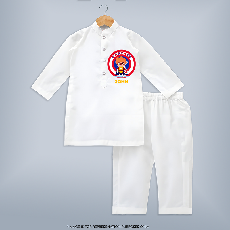 Little Captain America Kurta Set | Personalized Kurta Set for Baby Heroes - WHITE - 3 - 6 Months Old (Chest 24", Kurta Length 14'', Waist 19", Pant Length 14")