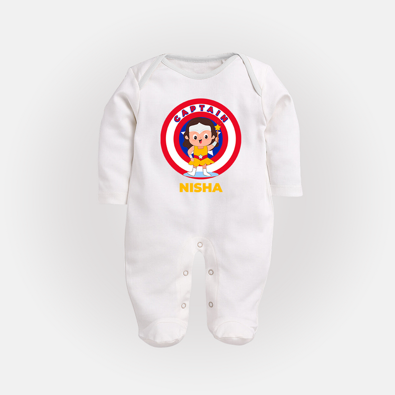 BabyÕs First Captain America Sleep Suit / Full Sleeve Bodysuit | Personalized Superhero Sleep Suit / Full Sleeve Bodysuit - WHITE - New Born (Chest 7.5")