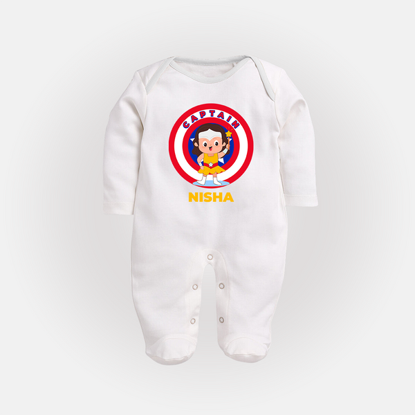 BabyÕs First Captain America Sleep Suit / Full Sleeve Bodysuit | Personalized Superhero Sleep Suit / Full Sleeve Bodysuit - WHITE - New Born (Chest 7.5")