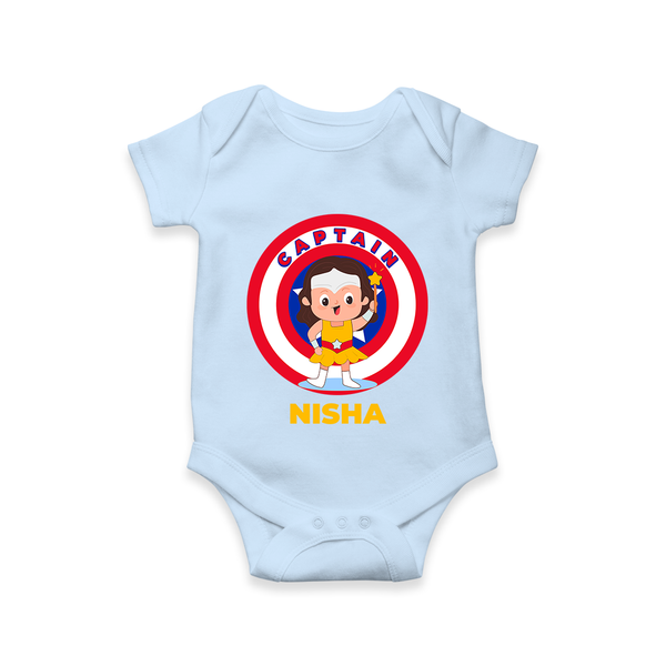 BabyÕs First Captain America Romper | Personalized Superhero Romper - BABY BLUE - New Born (Chest 14")