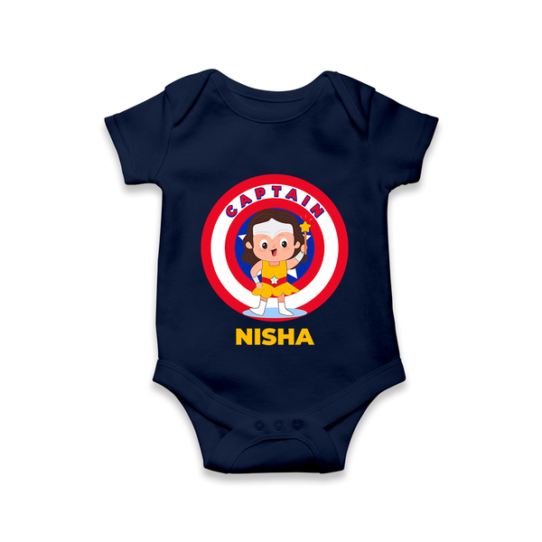 BabyÕs First Captain America Romper | Personalized Superhero Romper - NAVY BLUE - New Born (Chest 14")