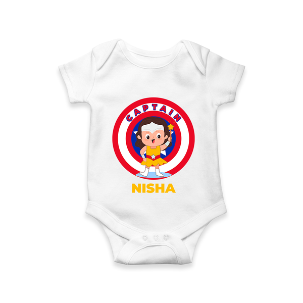 BabyÕs First Captain America Romper | Personalized Superhero Romper - WHITE - New Born (Chest 14")