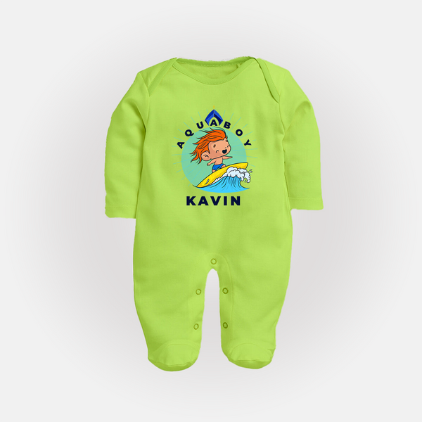 Aquaboy in Training Sleep Suit / Full Sleeve Bodysuit | Personalized Baby Sleep Suit / Full Sleeve Bodysuit for Little Water Heroes - LIME GREEN - New Born (Chest 7.5")