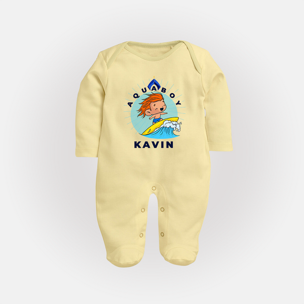 Aquaboy in Training Sleep Suit / Full Sleeve Bodysuit | Personalized Baby Sleep Suit / Full Sleeve Bodysuit for Little Water Heroes - PASTEL YELLOW - New Born (Chest 7.5")