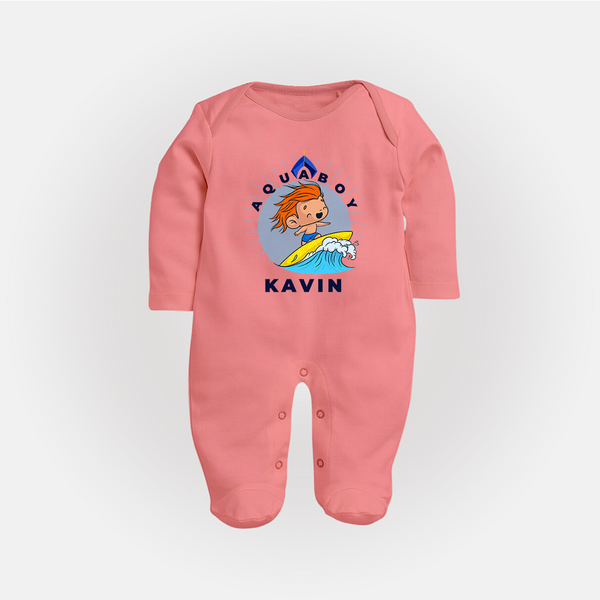 Aquaboy in Training Sleep Suit / Full Sleeve Bodysuit | Personalized Baby Sleep Suit / Full Sleeve Bodysuit for Little Water Heroes - PEACH - New Born (Chest 7.5")