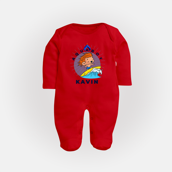 Aquaboy in Training Sleep Suit / Full Sleeve Bodysuit | Personalized Baby Sleep Suit / Full Sleeve Bodysuit for Little Water Heroes - RED - New Born (Chest 7.5")
