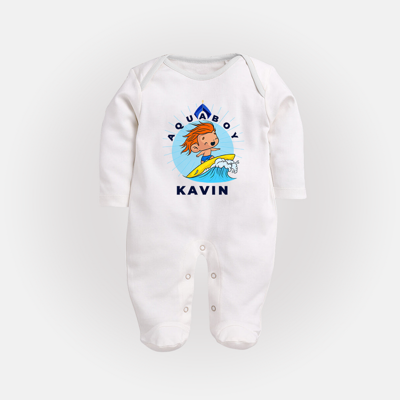Aquaboy in Training Sleep Suit / Full Sleeve Bodysuit | Personalized Baby Sleep Suit / Full Sleeve Bodysuit for Little Water Heroes - WHITE - New Born (Chest 7.5")