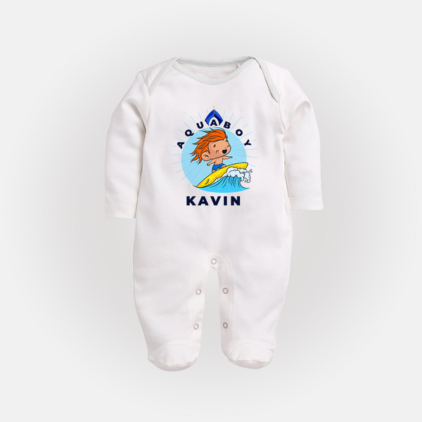 Aquaboy in Training Sleep Suit / Full Sleeve Bodysuit | Personalized Baby Sleep Suit / Full Sleeve Bodysuit for Little Water Heroes - WHITE - New Born (Chest 7.5")