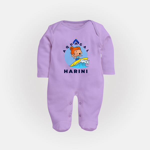 Aquagal in Training Sleep Suit / Full Sleeve Bodysuit | Personalized Baby Sleep Suit / Full Sleeve Bodysuit for Little Water Heroes - LILAC - New Born (Chest 7.5")