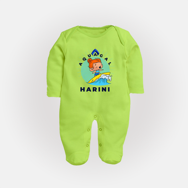Aquagal in Training Sleep Suit / Full Sleeve Bodysuit | Personalized Baby Sleep Suit / Full Sleeve Bodysuit for Little Water Heroes - LIME GREEN - New Born (Chest 7.5")