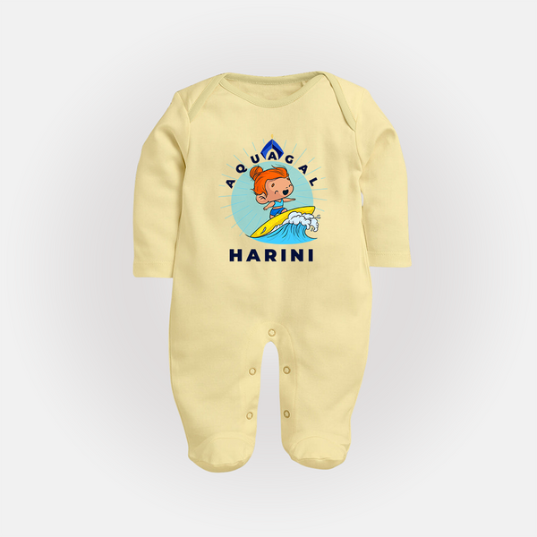 Aquagal in Training Sleep Suit / Full Sleeve Bodysuit | Personalized Baby Sleep Suit / Full Sleeve Bodysuit for Little Water Heroes - PASTEL YELLOW - New Born (Chest 7.5")