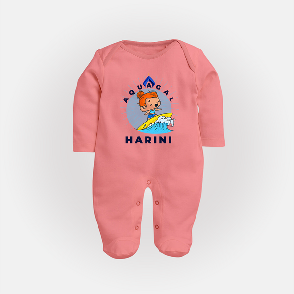 Aquagal in Training Sleep Suit / Full Sleeve Bodysuit | Personalized Baby Sleep Suit / Full Sleeve Bodysuit for Little Water Heroes - PEACH - New Born (Chest 7.5")