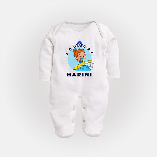 Aquagal in Training Sleep Suit / Full Sleeve Bodysuit | Personalized Baby Sleep Suit / Full Sleeve Bodysuit for Little Water Heroes - WHITE - New Born (Chest 7.5")
