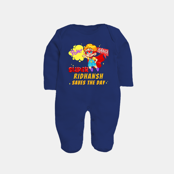 Superboy Baby Sleep Suit / Full Sleeve Bodysuit | Personalized Sleep Suit / Full Sleeve Bodysuit for Little Champions - NAVY BLUE - New Born (Chest 7.5")