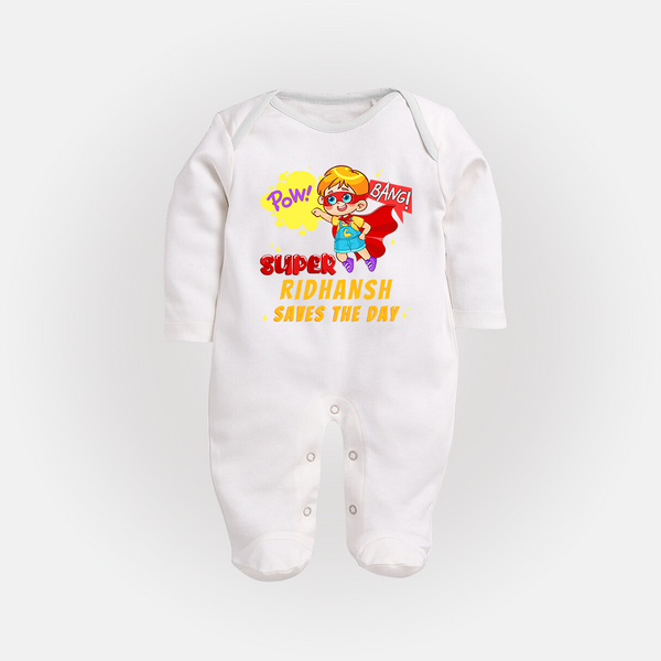 Superboy Baby Sleep Suit / Full Sleeve Bodysuit | Personalized Sleep Suit / Full Sleeve Bodysuit for Little Champions - WHITE - New Born (Chest 7.5")