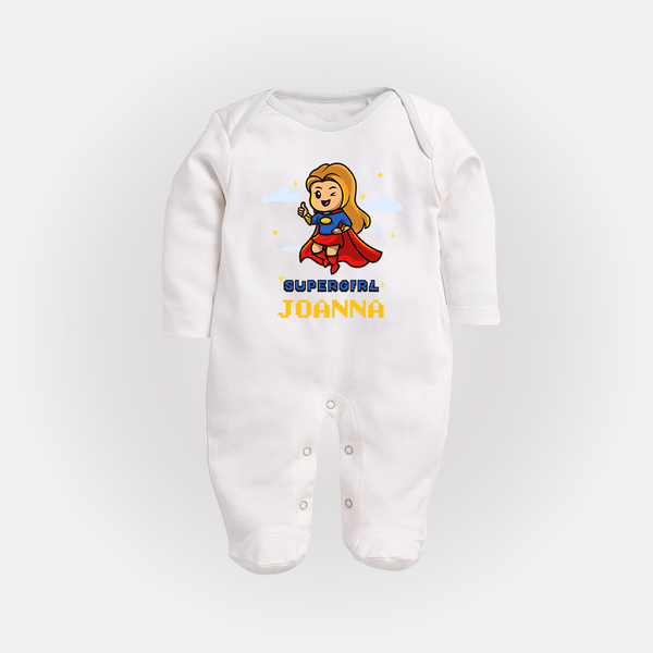 Supergirl in Training Sleep Suit / Full Sleeve Bodysuit | Personalized Sleep Suit / Full Sleeve Bodysuit for Baby Heroes - WHITE - New Born (Chest 7.5")