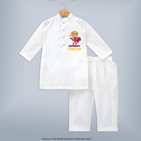 Mini Superboy Kurta Set | Custom Kurta Set for Future Superheroes - WHITE - 3 - 6 Months Old (Chest 24", Kurta Length 14'', Waist 19", Pant Length 14")