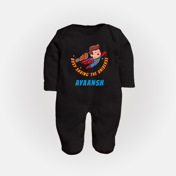 Superboy Adventure Sleep Suit / Full Sleeve Bodysuit | Personalized Sleep Suit / Full Sleeve Bodysuit for Future Superstars - BLACK - New Born (Chest 7.5")