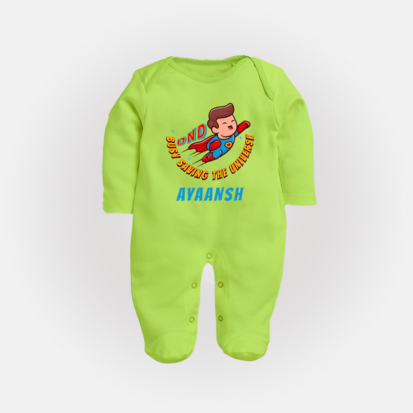 Superboy Adventure Sleep Suit / Full Sleeve Bodysuit | Personalized Sleep Suit / Full Sleeve Bodysuit for Future Superstars - LIME GREEN - New Born (Chest 7.5")