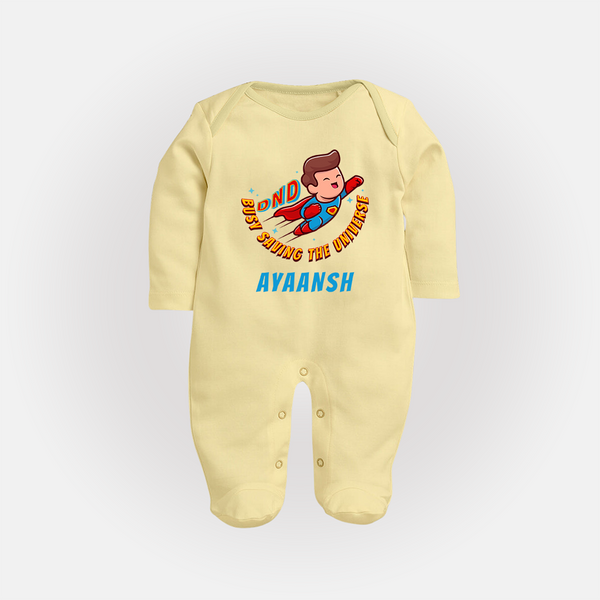 Superboy Adventure Sleep Suit / Full Sleeve Bodysuit | Personalized Sleep Suit / Full Sleeve Bodysuit for Future Superstars - PASTEL YELLOW - New Born (Chest 7.5")
