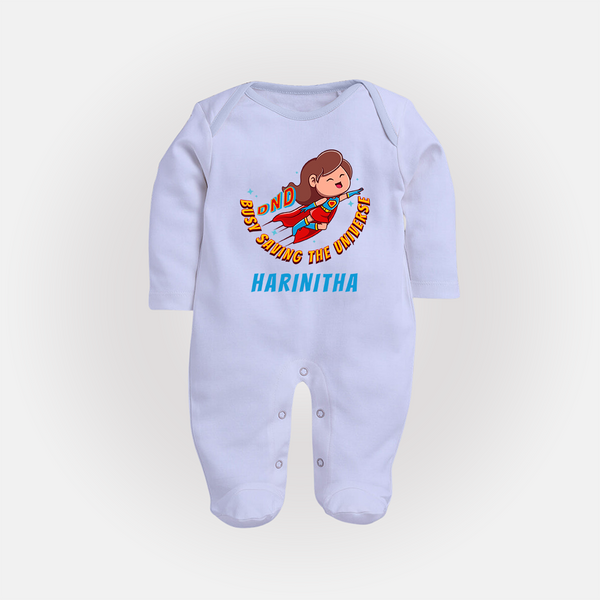 Supergirl Adventure Sleep Suit / Full Sleeve Bodysuit | Personalized Sleep Suit / Full Sleeve Bodysuit for Future Superstars - BABY BLUE - New Born (Chest 7.5")