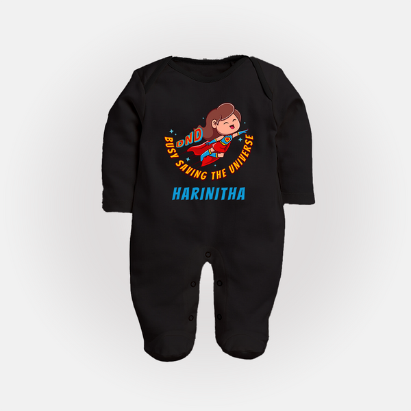 Supergirl Adventure Sleep Suit / Full Sleeve Bodysuit | Personalized Sleep Suit / Full Sleeve Bodysuit for Future Superstars - BLACK - New Born (Chest 7.5")