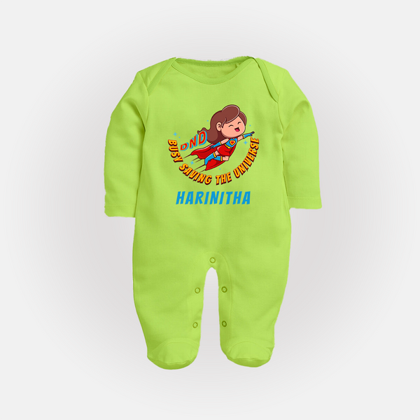 Supergirl Adventure Sleep Suit / Full Sleeve Bodysuit | Personalized Sleep Suit / Full Sleeve Bodysuit for Future Superstars - LIME GREEN - New Born (Chest 7.5")